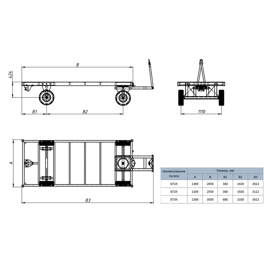 Большегрузная тележка БТ-К (г/п 3 т, 2000x1250 мм, без настила, без бортов)