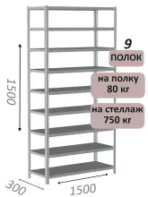 Стеллаж металлический полочный МС-750 1500х1500х300, 9 полок, светло-серый