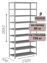 Стеллаж металлический полочный МС-750 2400х1500х500, 9 полок, светло-серый